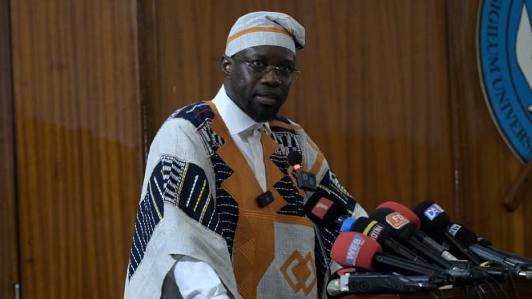 Prime Minister Ousmane Sonko addressing a conference at Cheikh Anta Diop University in Dakar
