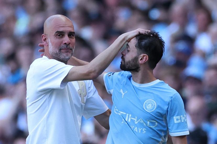 Pep Guardiola during his final match with Bernardo Silva replacing him.