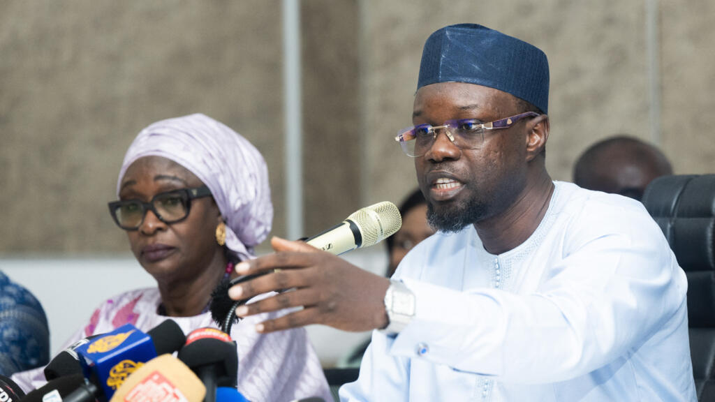 Ousmane Sonko speaking at a press conference in Dakar on Tuesday, June 2