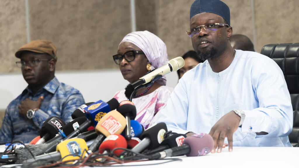Senegal's opposition leader and former Prime Minister Ousmane Sonko speaking in Dakar on June 2, 2026.