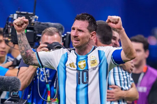Lionel Messi, Argentina's number 10, celebrates after the World Cup round of 16 win over Egypt at Atlanta Stadium on July 7, 2026