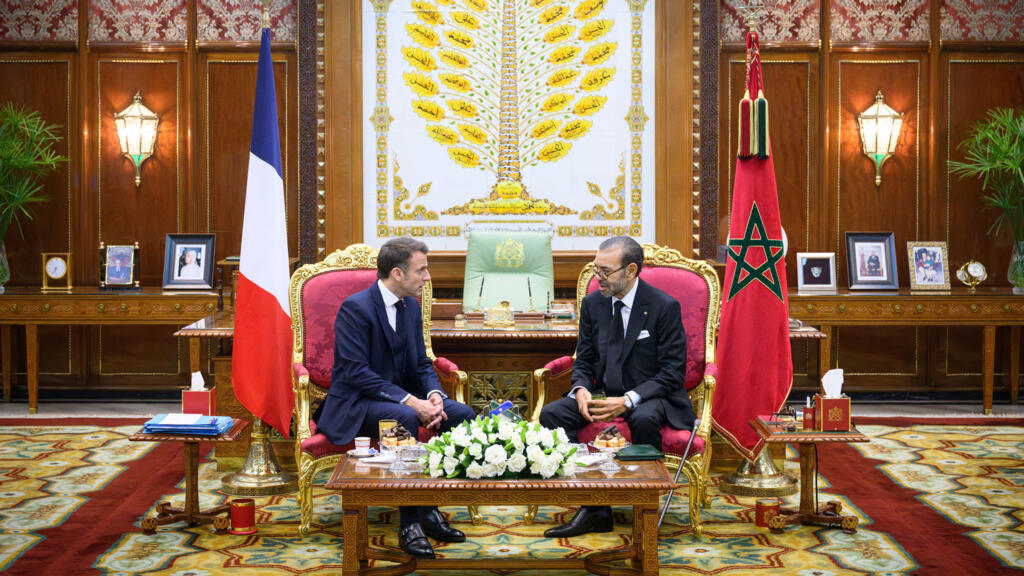 French President Emmanuel Macron greeted by Morocco's King Mohammed VI in Rabat, October 28, 2024