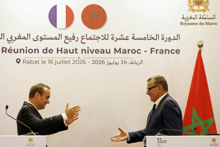 French Prime Minister Sébastien Lecornu (left) and Morocco's Prime Minister Aziz Akhannouch at a press conference at the Foreign Ministry in Rabat on July 16, 2026
