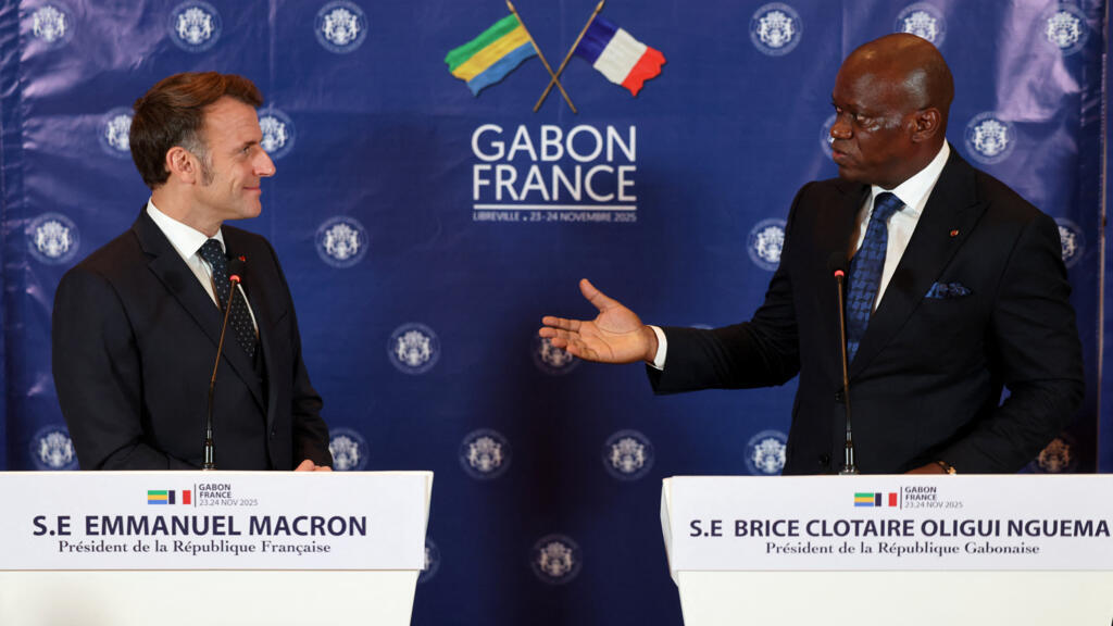 French and Gabonese presidents, Emmanuel Macron and Brice Oligui Nguema, during a joint press conference in Libreville, November 23, 2025.