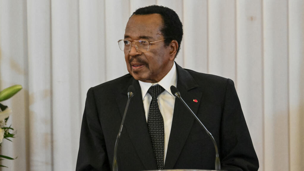 President Paul Biya speaks during an event with Pope Leo XIV at the presidential palace in Yaoundé, April 15, 2026.