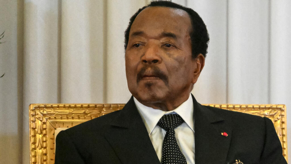 Cameroonian President Paul Biya listens to Pope Leo XIV during an address at the presidential palace in Yaoundé, April 15, 2026