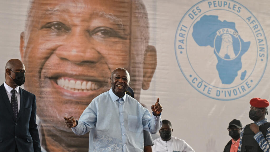 Former Ivorian president and PPA-CI leader Laurent Gbagbo (center) speaking during the closing ceremony of his party's first congress in Abidjan, May 15, 2026.